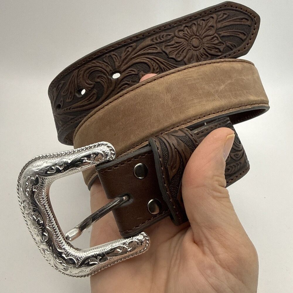Nocona Brown Tooled Leather Western Belt Silver Tone Buckle Mens Sz 32 Rodeo EUC